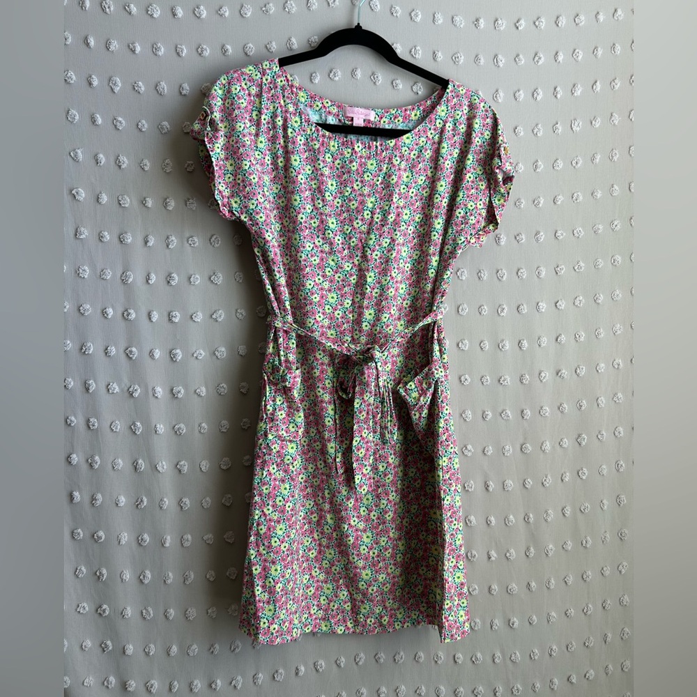 Lilly Pulitzer Floral Belted Short Sleeve Tunic Dress‎ Sz S Pink Green
